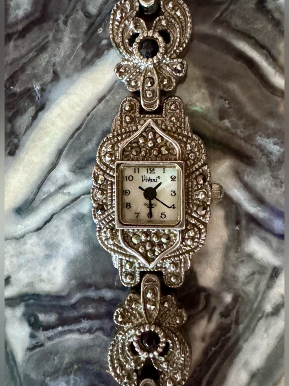 Vintage Vivani Art Deco Silver Marcasite Watch with Black Stones